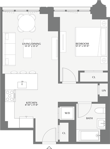 Floor plan for 1 bed, 1.5 baths, 681 sqft