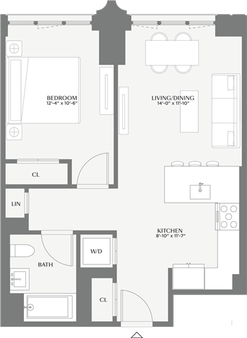 Floor plan for 1 bed, 1 bath, 683 sqft