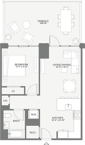 Floor plan for 1 bed, 1 bath, 704 sqft