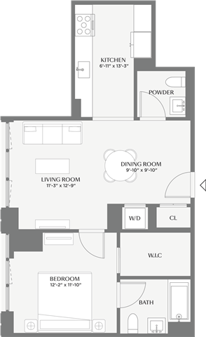 Floor plan for 1 bed, 1 bath, 755 sqft