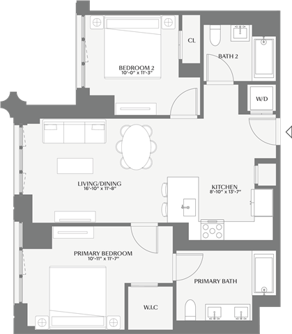 Floor plan for 2 beds, 2 baths, 987 sqft