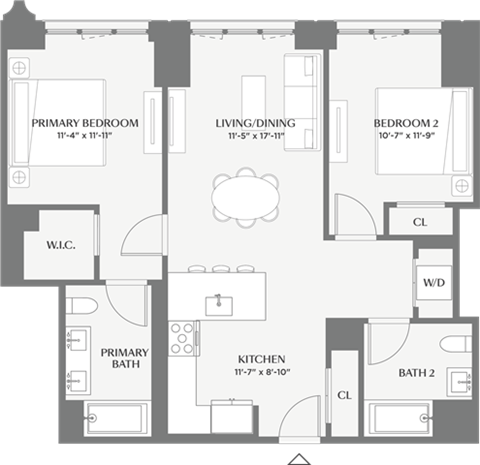 Floor plan for 2 beds, 2 baths, 1021 sqft