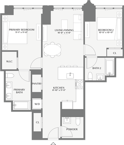 Floor plan for 2 beds, 2.5 baths, 1040 sqft