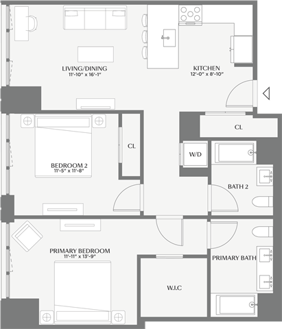 Floor plan for 2 beds, 2 baths, 1077 sqft
