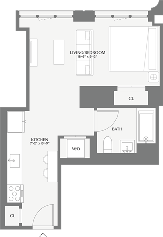 Floor plan for studio, 1 bath, 512 sqft