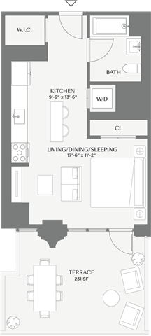 Floor plan for studio, 1 bath, 541 sqft
