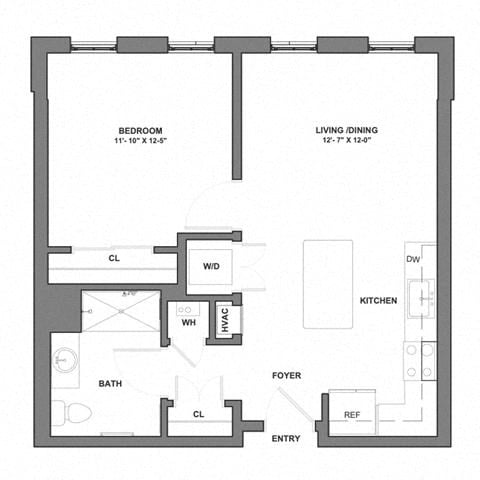 Floor plan for 1 bed, 1 bath, 631 sqft