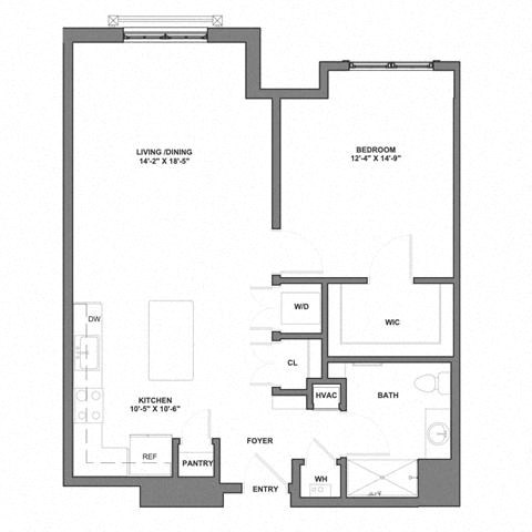 Floor plan for 1 bed, 1 bath, 838 sqft