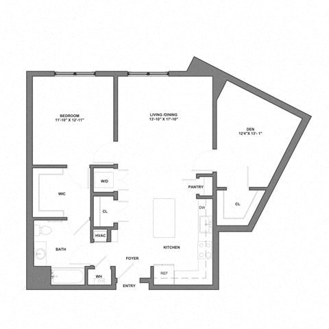 Floor plan for 1 bed, 1 bath, 1007 sqft