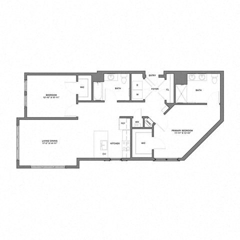 Floor plan for 2 beds, 2 baths, 1117 sqft