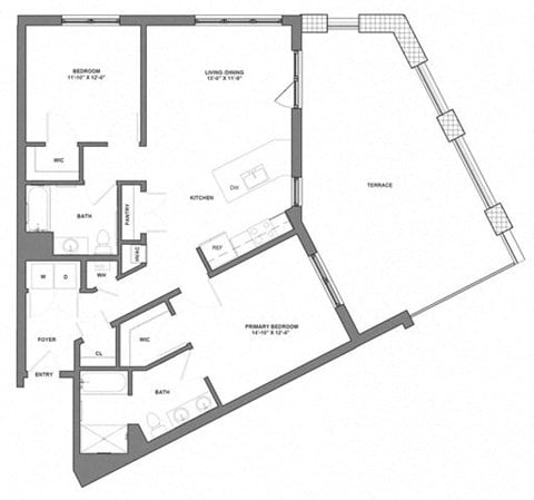 Floor plan for 2 beds, 2 baths, 1178 sqft