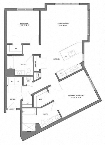 Floor plan for 2 beds, 2 baths, 1230 sqft