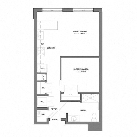 Floor plan for studio, 1 bath, 618 sqft