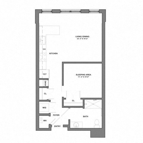 Floor plan for studio, 1 bath, 638 sqft