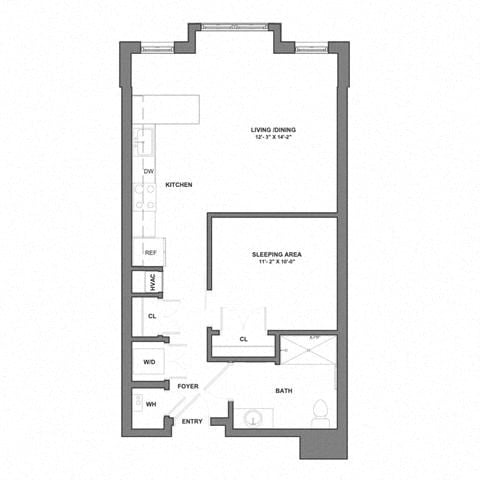Floor plan for studio, 1 bath, 652 sqft