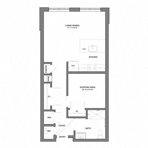Floor plan for studio, 1 bath, 667 sqft