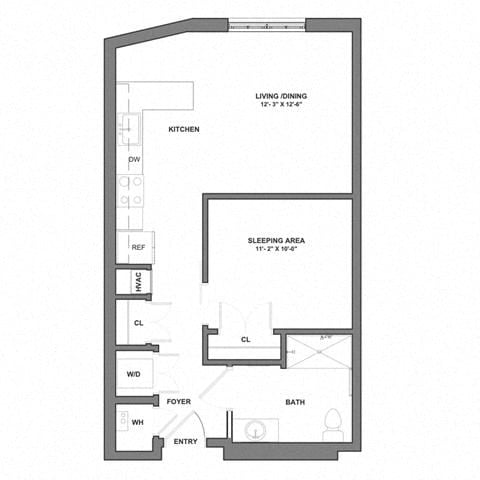 Floor plan for studio, 1 bath, 598 sqft