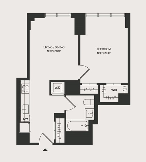 Floor plan for 1 bed, 1 bath, 611 sqft