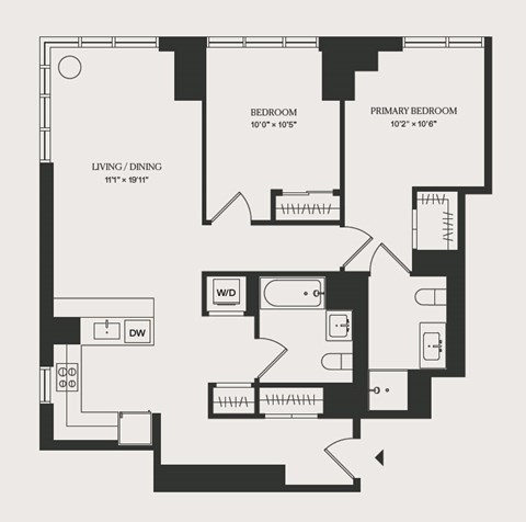 Floor plan for 2 beds, 2 baths, 973 sqft
