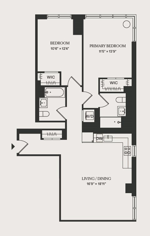 Floor plan for 2 beds, 2 baths, 1087 sqft