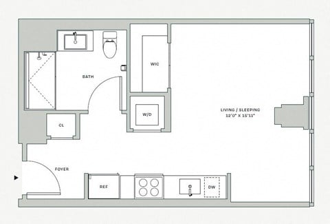 Floor plan for studio, 1 bath, 421 sqft