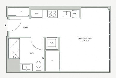 Floor plan for studio, 1 bath, 427 sqft