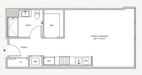 Floor plan for studio, 1 bath, 528 sqft