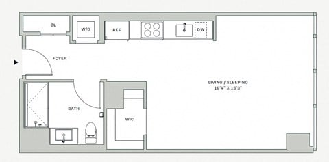 Floor plan for studio, 1 bath, 562 sqft