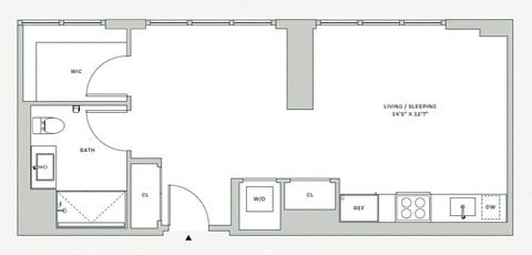 Floor plan for studio, 1 bath, 567 sqft