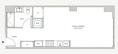 Floor plan for studio, 1 bath, 571 sqft