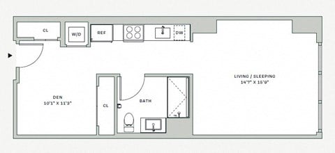 Floor plan for studio, 1 bath, 574 sqft
