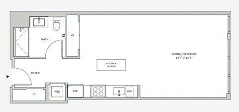 Floor plan for studio, 1 bath, 603 sqft