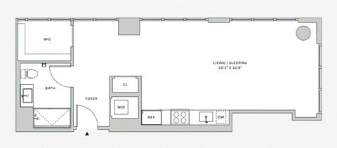 Floor plan for studio, 1 bath, 639 sqft