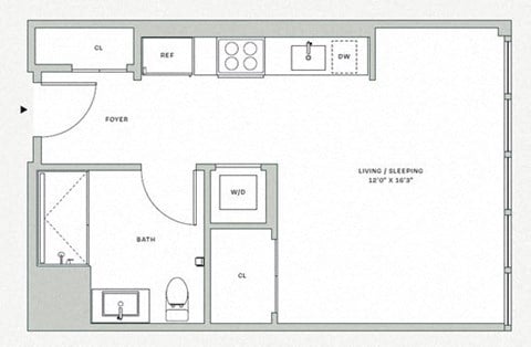 Floor plan for studio, 1 bath, 429 sqft