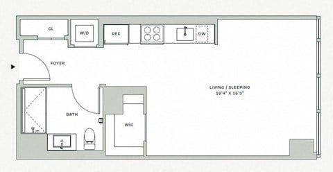 Floor plan for studio, 1 bath, 567 sqft