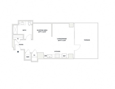 Floor plan for studio, 1 bath, 618 sqft