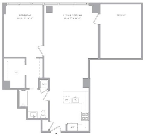 Floor plan for 1 bed, 1 bath, 905 sqft
