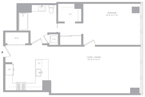 Floor plan for 1 bed, 1 bath, 912 sqft