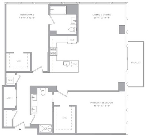 Floor plan for 2 beds, 2 baths, 1424 sqft