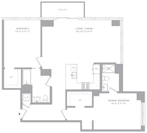 Floor plan for 2 beds, 2 baths, 1264 sqft