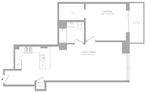Floor plan for 1 bed, 1 bath, 851 sqft