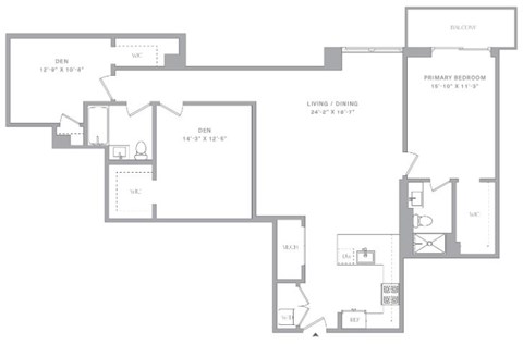 Floor plan for 1 bed, 2 baths, 1400 sqft
