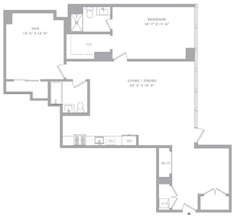 Floor plan for 1 bed, 2 baths, 1360 sqft