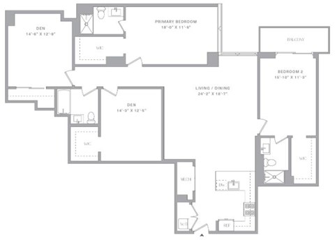 Floor plan for 2 beds, 3 baths, 1855 sqft
