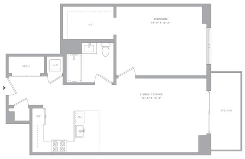 Floor plan for 1 bed, 1 bath, 805 sqft