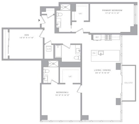 Floor plan for 2 beds, 3 baths, 1640 sqft