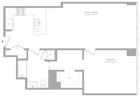 Floor plan for 1 bed, 1 bath, 950 sqft