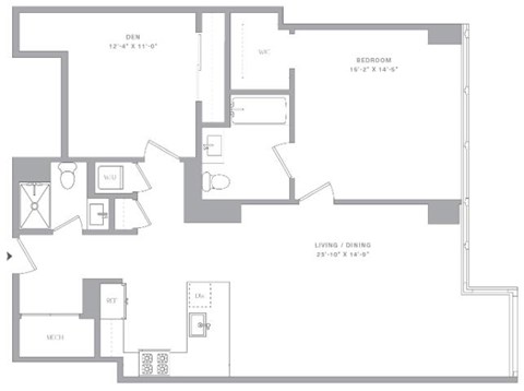Floor plan for 1 bed, 2 baths, 1150 sqft