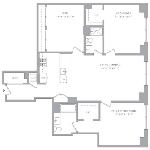 Floor plan for 2 beds, 2 baths, 1415 sqft