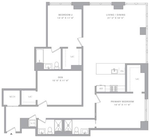 Floor plan for 2 beds, 3 baths, 1667 sqft